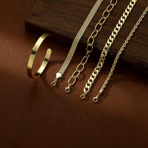 Chunky Gold Bracelets for Women Non Tarnish 14k Gold Plated Womens Gold Bracelet Stack Layered Cuban Rope Mesh Paperclip Cuff Bracelets Waterproof Jewelry Gifts3