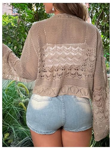 Women's Plus Size Crochet Cardigans Summer Bell Sleeve Tie Front Lightweight Cardigan Sweater Crop Cover Up Top2