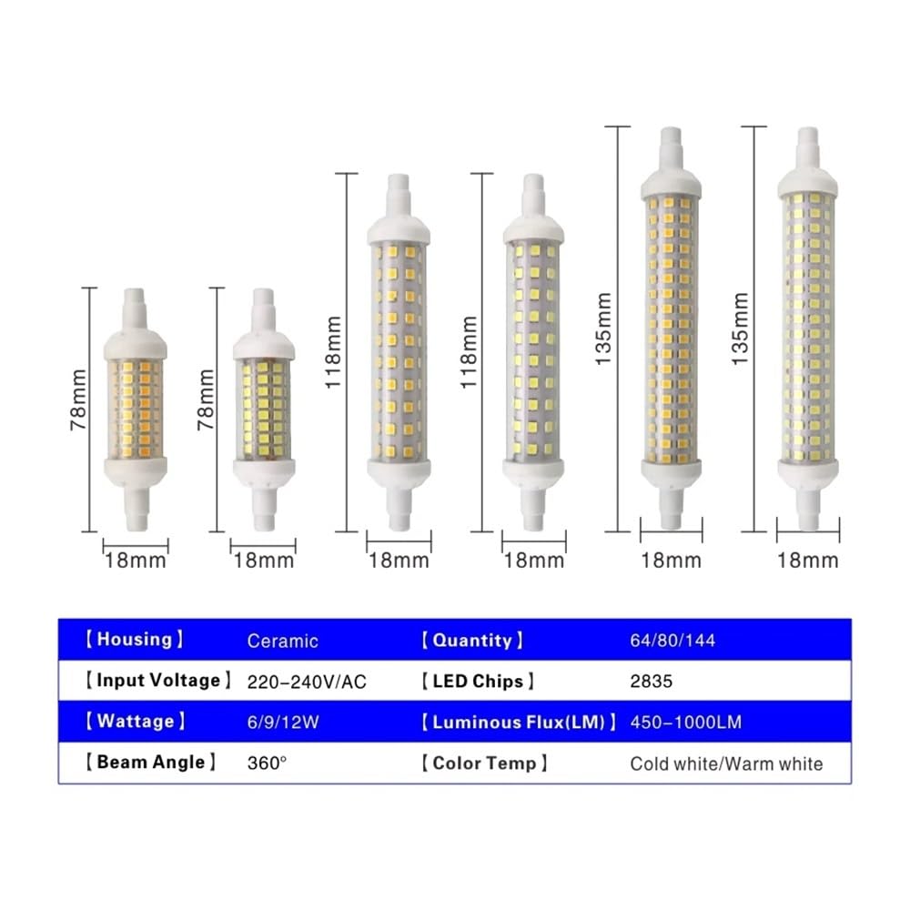 RZL Lighting, Paquete de 6 bombillas LED 78 mm/118 mm/135 mm R7S AC220V SMD2835 lámpara LED luz de maíz(Cold White,12W 135mm)