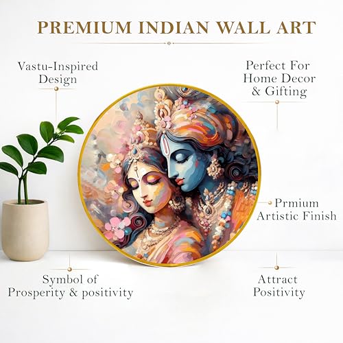 Image of Radha Krishna Round Wall Art Painting With Frame For Living Room | Vastu Love & Harmony Decor Framed Painting | Artistic Round Wall Hanging for Living Room, Bedroom & Gifting, 16 Inch