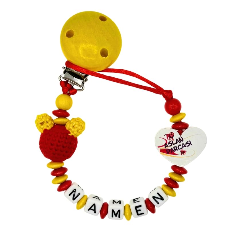 Set Nuckelkette + Kinderwagenkette mit Namen " für GALATASARAY Fan - ASLAN PARCASI - MAUS " Rot Gelb/Baby/Unisex/Personalisiert/HANDMADE