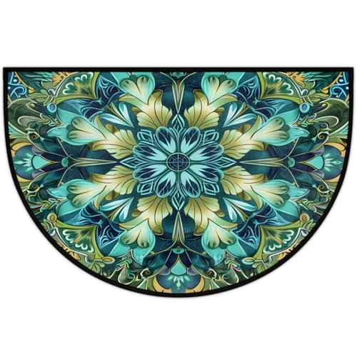 Image of cfpolar Half Round Door Mat Turquoise Mandala Flower Non-Slip Semi Circle Area Rug Washable Half Moon Hearth Rugs for Indoor Outdoor Bathroom Kitchen Patio Runner Mat Laundry Room Home Decoration