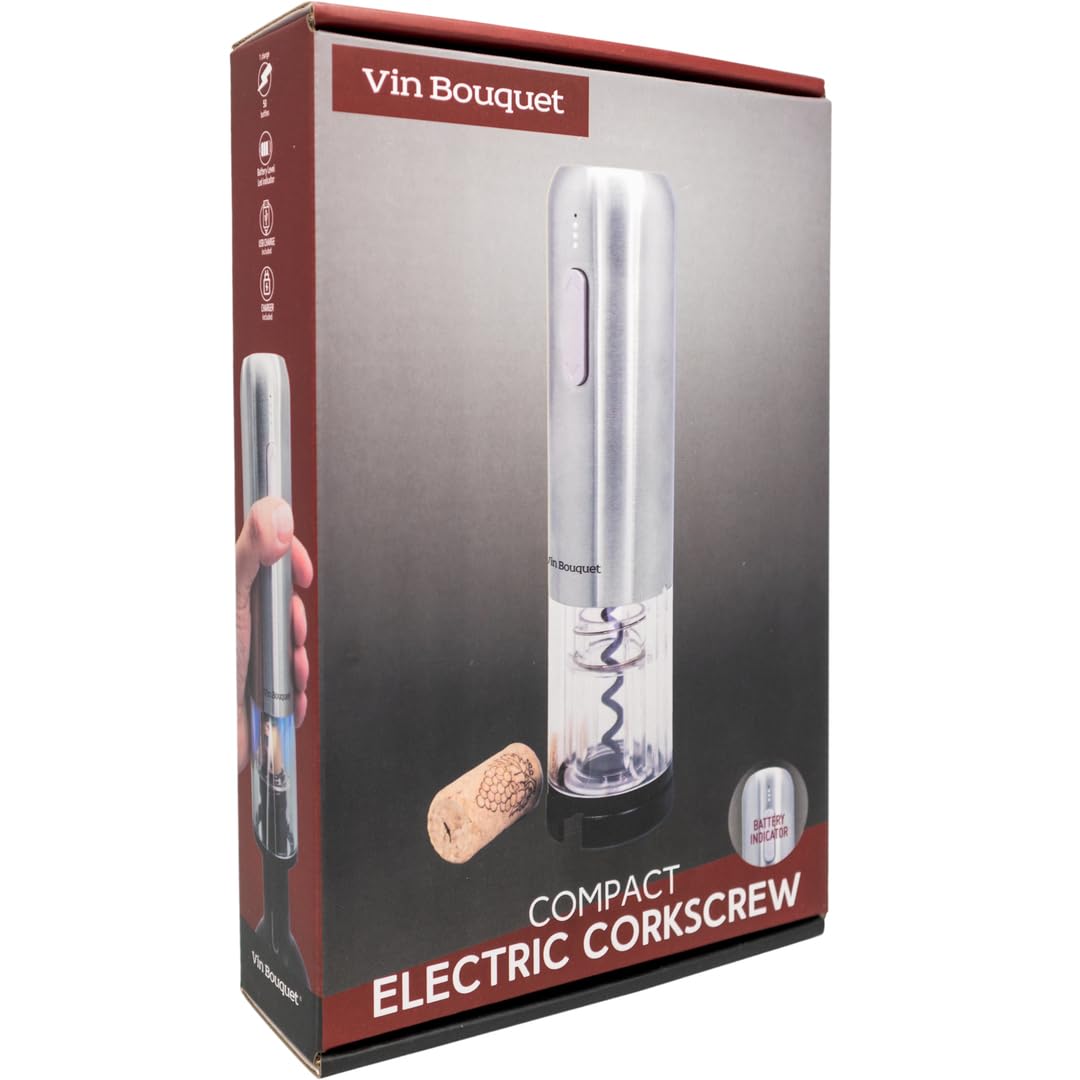 VB VIN BOUQUET FID 004 Sacacorchos eléctrico Compact, Incluye descapsulador y Cargador, Manganese Steel, Plata, 18 x 26.5 x 5.5 cm