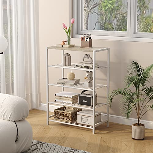 Image of HOMEFORT 5-Tier Shoe Rack, Storage Shelf, Industrial Tower, Narrow Organizer for Closet Entryway, Small Table With Durable Metal Shelves, White Oak