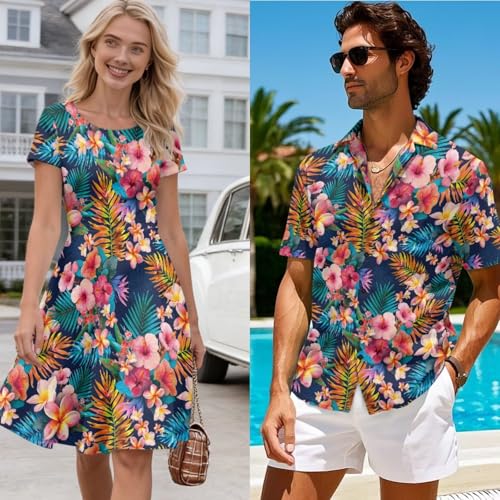 Image of AFPANQZ Couple Matching Outfit Casual Men's Button Down Shirt or Short Sleeve Summer Sundresses Dresses for Women 2026