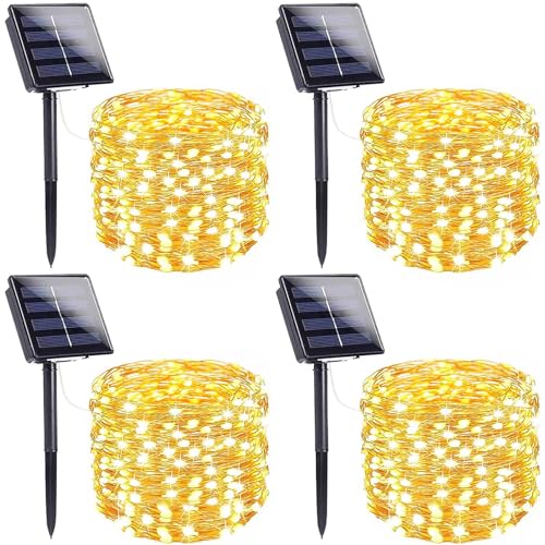 Paquete de 4 tiras de luces solares para exteriores, 400 luces solares LED impermeables, luz parpadeante para exteriores, alambre de cobre, 8 modos de luz de hadas para árbol de Navidad, jardín