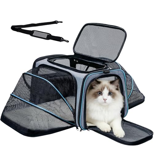 Double Expandable Cat Carrier,Airline Approved Soft-Sided Pet Travel Carrier for Small Dogs Cats under 15 lbs,Waterproof 600D Oxford Fabric with Washable Replacement Liner,Odor-Free & Claw-Proof(Blue)
