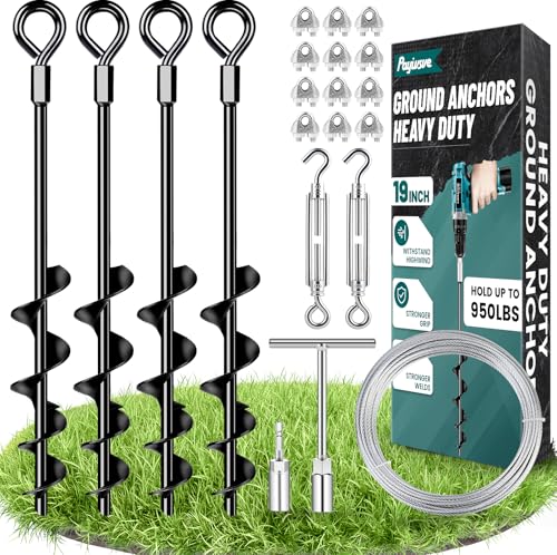 19 Ground Anchors Heavy Duty Shed Anchors Kit Mobile Home Anchor Earth Anchor with 1/8 Galvanized Cable and Turnbuckles for Sheds Canopy Gazebo Trampoline Swing Set(4x19in)