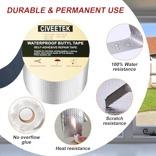 Image of Super Waterproof Butyl Tape 2in x 16ft Outdoor Leak Repair Aluminum Foil Duct Tape All Weather Self-Adhesive Rubber Butyl Tape for Pipe RV Awning Sail Metal Roof Window Sealing