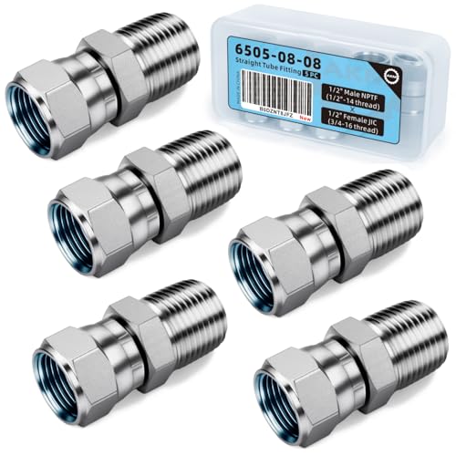 Image of Straight Hydraulic Hose Adapter Fittings, 6505-08-08 1 /2 inch NPTF (1 /2-14 thread) Male x 1 /2 inch JIC (3 /4 inch-16 thread) Female Swivel Connectors x 5 pack