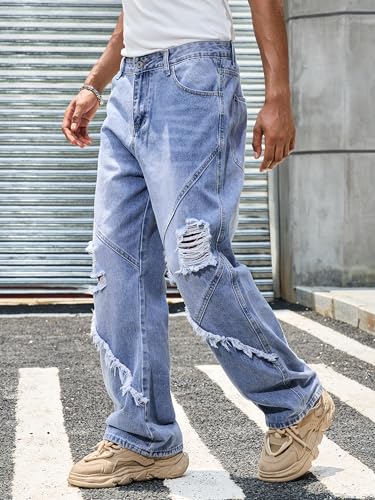 Mens Ripped Jeans Relaxed Fit Straight Leg Y2K Denim Pants Hip hop Streetwear Trousers Washed Light Blue3