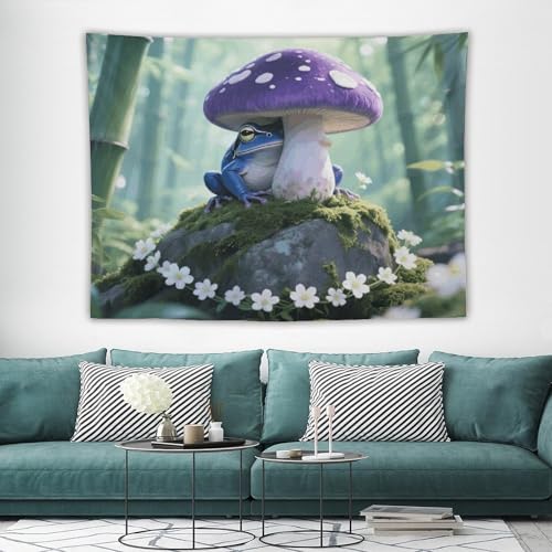 Tapisserie murale champignon et grenouille bohème vintage grand format pour salon