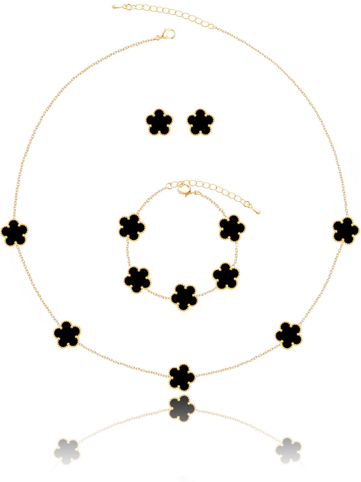 Five Leaf Clover Necklace Bracelet and Stud Set for Women Lucky Flower Gold Plated Jewelry