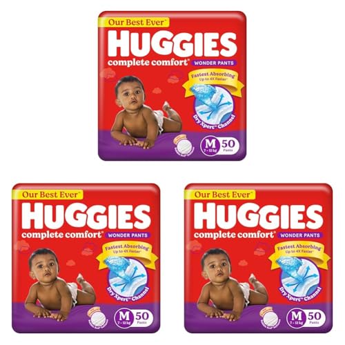 Image of Huggies Complete Comfort Wonder Pants | Pant Style Baby Diapers Medium Size (M), 50 Count | India's Fastest Absorbing Diaper, Prevents Diaper Rash, Ideal for 7 to 12 Kgs (Pack of 3)