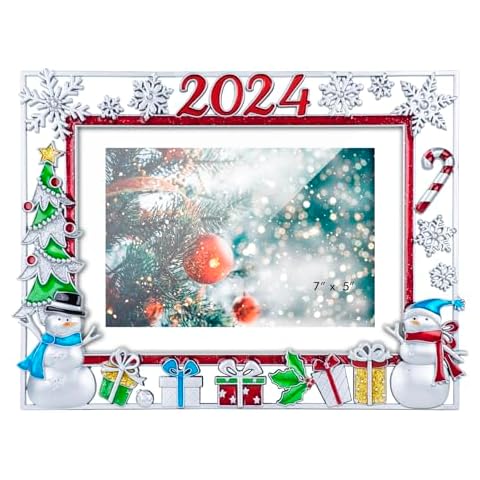 GUOER Picture Photo Frame 5x7 Inch Snowflake Christmas Metal Photo Display Photo Picture Frames with High Definition Glass Front Gift Ideas Tabletop Home Decorative (Red 2024 Horizontal) Cover