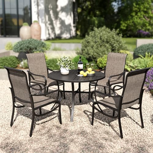 PHI VILLA Round Patio Dining Set for 4 Person, 42'' Round Metal Slat Table with Umbrella Holes and 4...