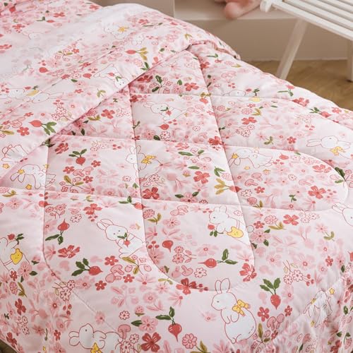 Image of Caressma Twin Size 5 Pieces Pink Comforter Set, Lovely Rabbit Pattern Kids Bedding Set in a Bag with Floral Comforter, Fitted Sheet, Flat Sheet, Pillow Case & Pillow Sham