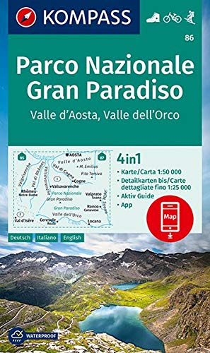 KOMPASS Wanderkarte Parco Nazionale Gran Paradiso, Valle d'Aosta, Valle dell'Orco 1:50 000: 4in1 Wanderkarte 1:50000 mit Aktiv Guide und Detailkarten ... KOMPASS-App. Fahrradfahren. Skitouren.: 86