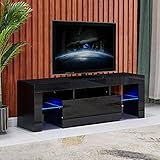 Black TV Stand Cabinet Unit with Lights, Modern Gloss Matte Wood Entertainment Center with 1 Drawer for 32