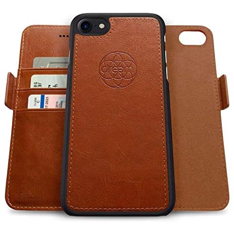 Dreem Fibonacci 2-in-1 Wallet-Case for Apple iPhone SE 3 (2022), SE 2, & 8/7 - Luxury Vegan Leather, Magnetic Detachable Shockproof Phone Case, RFID Card Protection, 2-Way Flip Stand - Caramel Cover