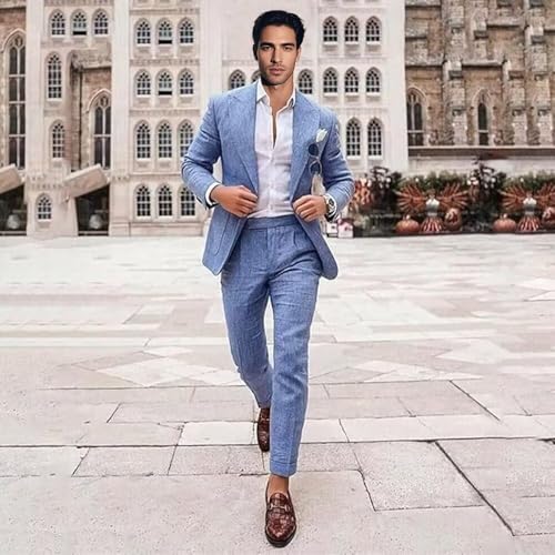 Men Casual Formal Summer Linen Suit Set 2 Pieces Blazer Pants Peak Lapel Outfit for Male Wedding Church Lightweight3