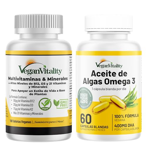 Pack Vegan Vitality Multivitamínico + Omega 3 Vegano – Multivitaminas 6 Meses (180 Tabletas) y Omega 3 de Algas DHA 2 Meses (60 Cápsulas) – Suplementos para Veganos y Vegetarianos