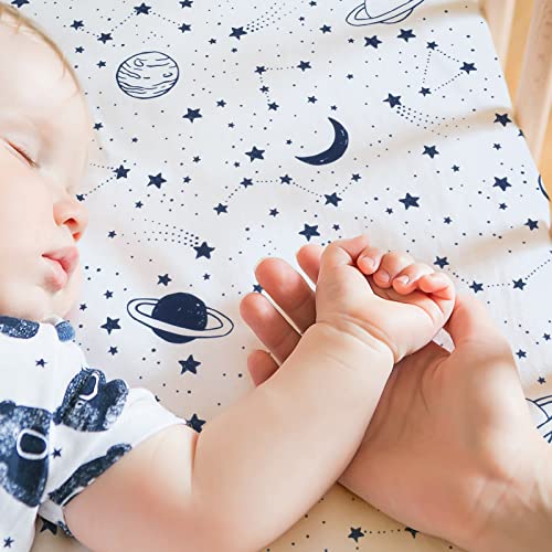 Image of JISEN Baby Crib Sheet 1 Piece Portable Fitted Crib Sheet for Standard Crib and Toddler Mattresses Nursery Bed Decor for Boys Girls 28x52 Inch Stars Planets