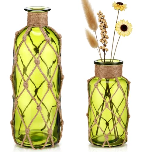 Image of Chuangdi Set of 2 Coastal Glass Flower Vase with Boho Rope, Olive Green