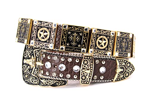West Star Texas Genuine Leather Belt for Women & Cowboy Big Rhinestone With Engraved Buckle Country Style With Black Cross-802F STAR CF M