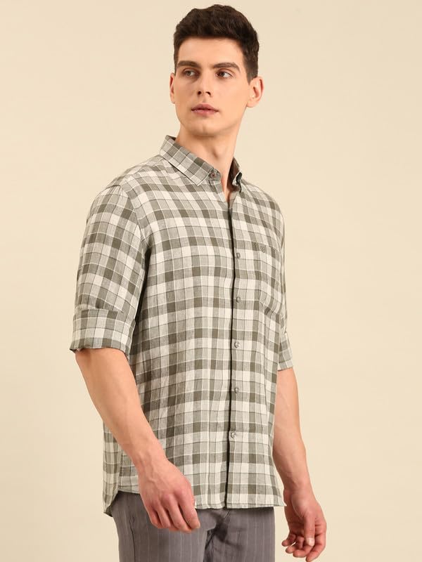 Image of Linen Club Men's Pure Linen Checked Contemporary Fit Full Sleeve Casual Shirt