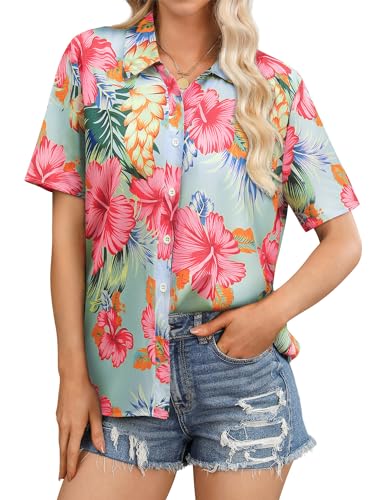 Womens Button Down Hawaiian Shirts Short Sleeve Floral Print Summer V Neck T-Shirt Casual Summer Beach Blouses Tops2