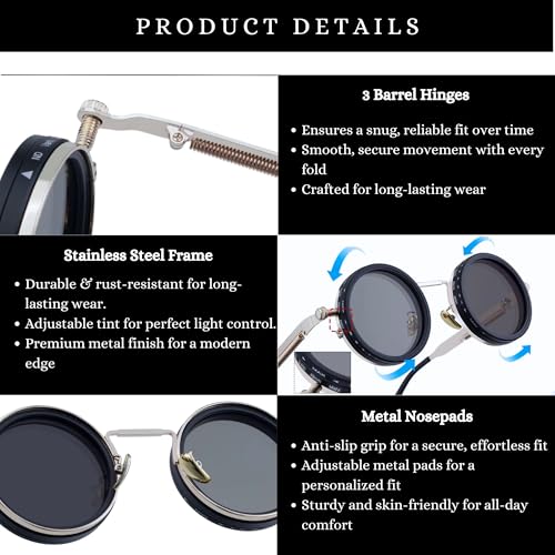 Image of 4Flaunt Spyn ND9 Adjustable Round Sunglasses with ND Filter - Stainless Steel Frame, Gojo Inspired Design, Polarized TAC Lenses & UV400 Protection