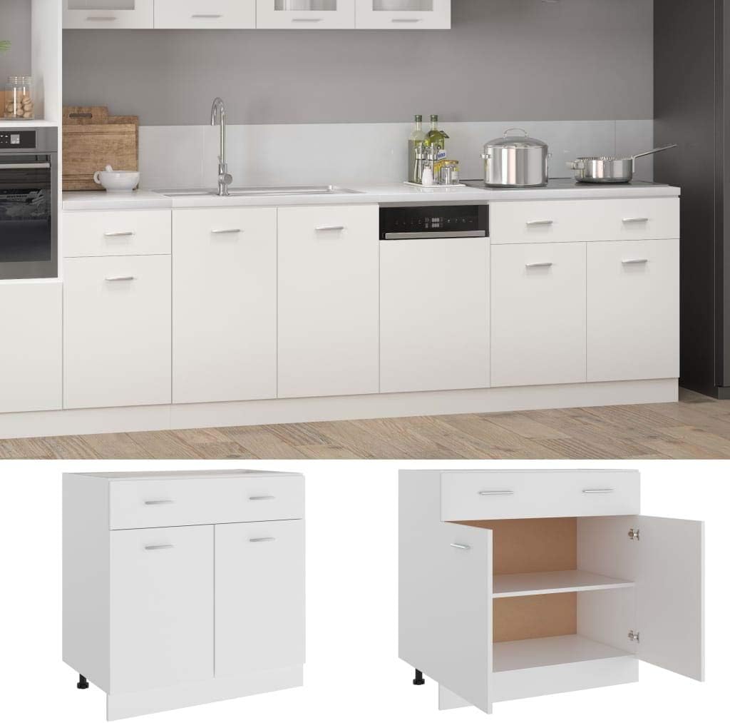 White Engineered Wood Drawer Bottom Cabinet with Shelf Storage for Kitchen Organization