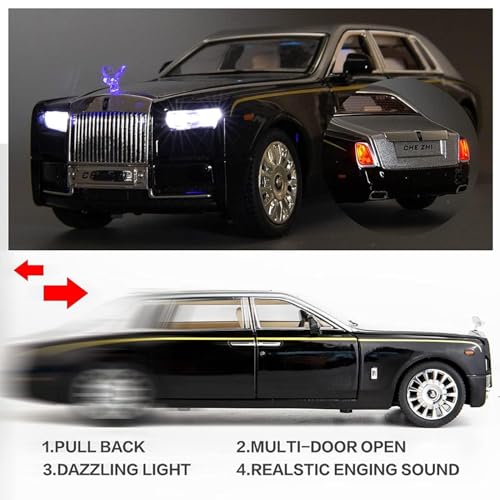 Image of WORSHIPER Model Car Zinc Alloy Pull Back Toy Diecast Toy Cars with Openable Doors, Sound and Light for Kids Boy Girl Gift (1:24 Rolls-Royce Phantom(Silver-Black))