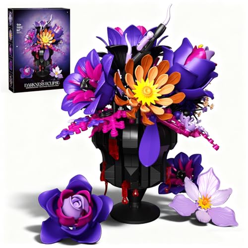Gothic Rose Bouquet Building Set with Bleeding Vase, Purple Rose Gothic Flowers Building Toy, Horror Home Decor Compatible with Lego Flowers Sets, Halloween Decorations Gift for Adults, 947 PCS