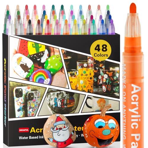 Droaful Acrylstiften voor stenen, waterbestendig, 48 stuks, acrylstiften voor hout, rotsschilderen, steen, keramiek, glas, stof, canvas, porselein, metaal, waterbasis, sneldrogend, niet giftig en