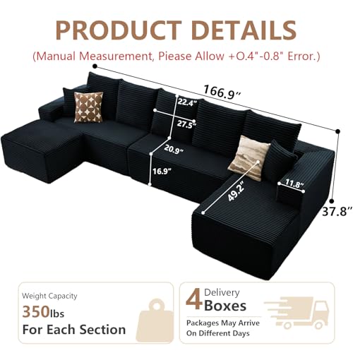 Image of Oversized Modular Sectional Sofa Couch, Large 6 Seater Corner Sofa Modern U Shaped Sectional Couch Cloud Couches for Living Room, Office, Spacious Space, Corduroy, No Assembly Required, Black