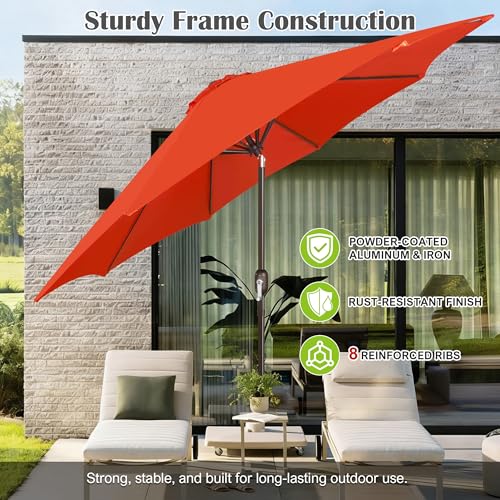 Image of Blissun 10FT Patio Umbrella, Outdoor Table Umbrella, Yard Umbrella, Market Umbrella with 8 Sturdy Ribs, Push Button Tilt and Crank, Orange