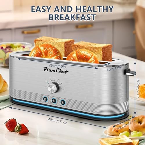Image of Plum chef 4-Slice Toaster, Extra Wide Long SIot Toaster, 7 Browning Settings,Defrost /Reheat Functions, Removable CrumbTray, Stainless Steel Housing,Anti-Fingerprint & Anti-Jam (Stainless Steel)