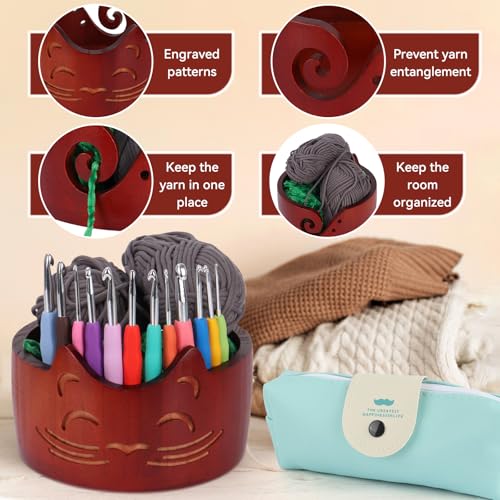 Image of XIEJ Cat Yarn Holder Set, 7 X 4inch Wooden Cat Yarn Bowl for Crocheting, Knitting Bowl with Crochet Hooks Knitting Tools for Crocheters Knitters Craft（Vintage Color）
