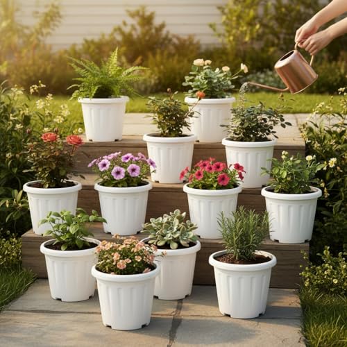 Image of 8 Inch Nursery Pots, 15 Packs Variety Plastic Pots with Drainage Hole, Plant Containers for Seedlings, Succulents, Transplanting (White - Round)