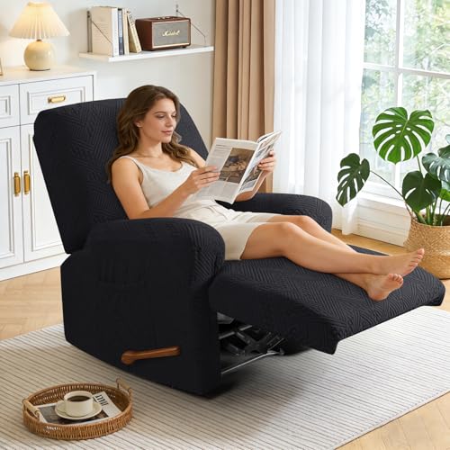 Image of Ruaozz Recliner Sofa Covers Oversized Recliner Chair Covers Recliner Covers for Reclining Chair with Pockets Washable Furniture Protector with Elastic Bottom (1 Seater-X Large, Black)