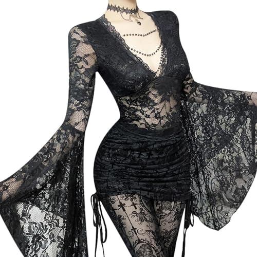 Felcia Damen-Halloween-Spitzen-Top, lange ausgestellte Ärmel, tiefer V-Ausschnitt, durchscheinendes Netzgewebe, schmale Hemden, Clubwear für Party, A-schwarz, M