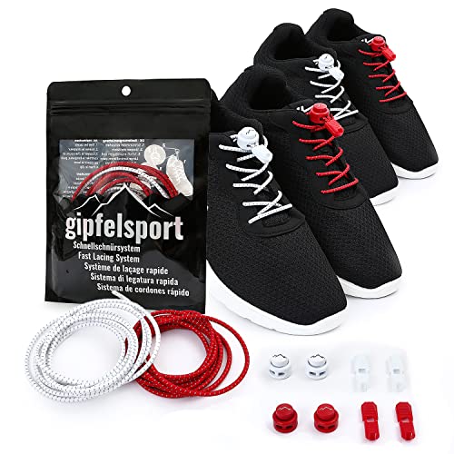 gipfelsport Cordon Elastico Zapatillas - Cordones sin Atar | para niños y Adultos | Cordones Deportivos, Triatlon | 2X Par de Blanco/Rojo