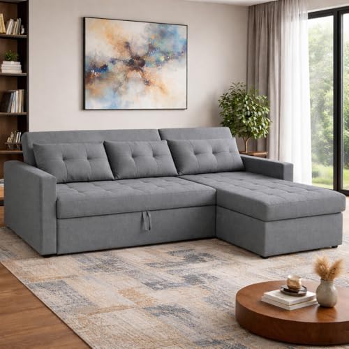 Image of Emilio 4 Seater RHS L - Shape Pull-Out Sofa Cum Bed Sofa for Living Room (Dark Grey Fabric Color) Premium Fabric Sofa Set for Living Room Sofa Cum Bed