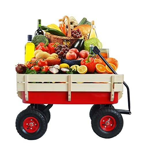 CEMKAR Outdoor Sport Wagon All Terrain Pulling with Removable Wooden Side Panels Air Tires Big Foot Panel Wagon - Red