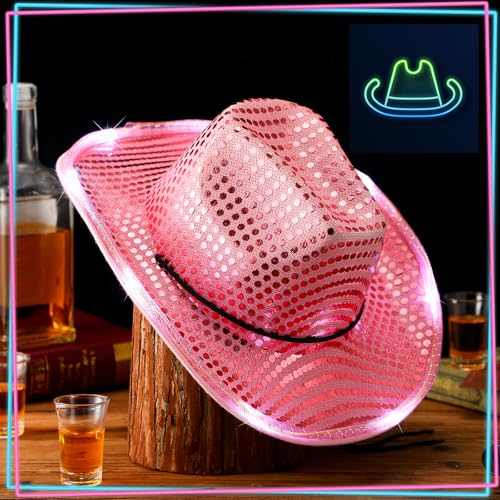 Image of Tisancy LED Lights Cowboy Cowgirl Hat Flashing LED Lights Cowgirl Hat for Wedding Western Bachelorette Party
