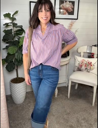 Womens Summer Pleated V Neck T Shirts Short Sleeve Casual Loose Blouses Striped Tunics Swing Top3