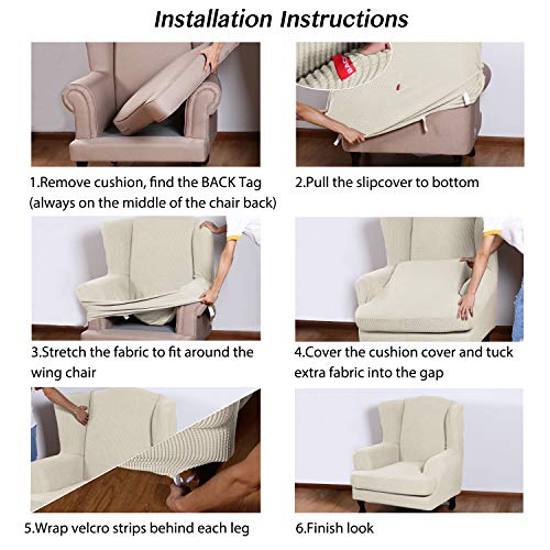 Turquoize Wingback Chair Covers 2 Piece Wing Chair Slipcover Stretch Slipcovers For Wingback Chairs Wing Chair Cover Spandex Jacquard Fabric With Elastic Bottom Non-Slip Furniture Cover,Biscotti Beige #TOP5