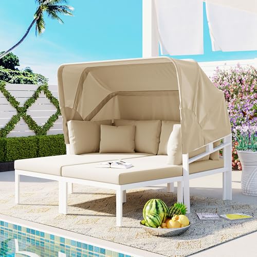 Merax 3-Piece Patio Daybed with Retractable Canopy and Cushions, Outdoor Metal Sectional Sofa Set Sun Lounger for Backyard, Porch, Poolside, Beige